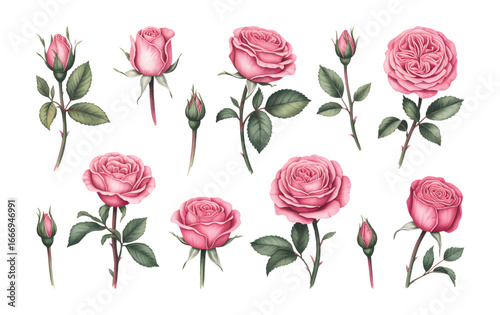 Elegance watercolor romantic pink roses with petals, foliage, and botanical.