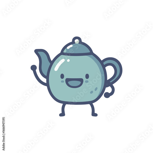 Cute cartoon teapot character with arms and legs, smiling cheerfully against a plain background