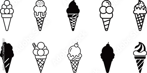 Set of cute ice cream cone icons with different flavors and topping styles.