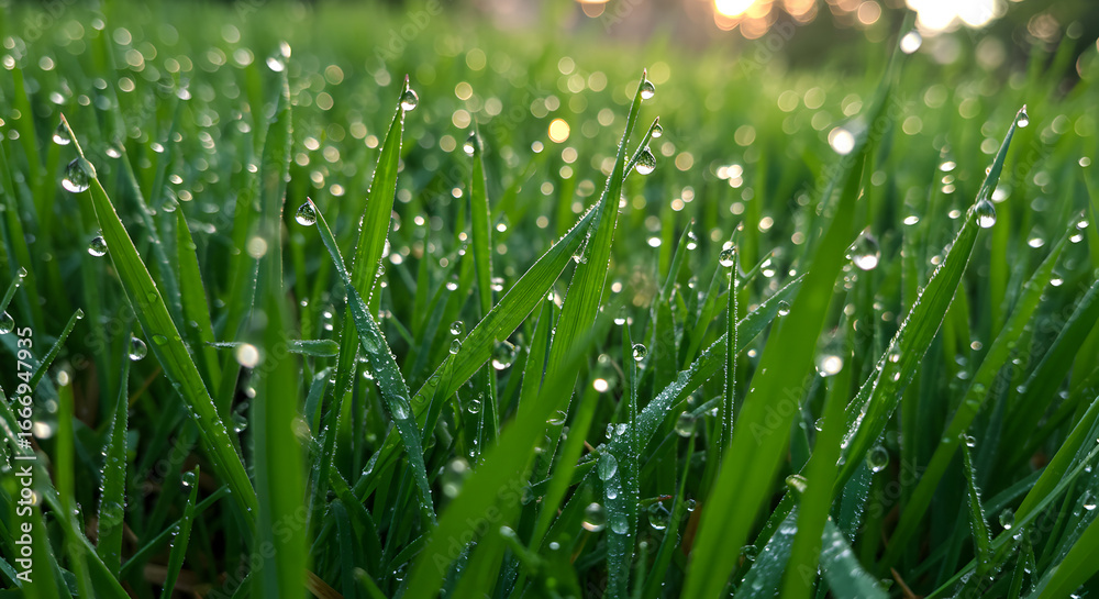 Obraz premium Morning Dew on Lush Green Grass Blades Sparkling Sunlight Fresh Nature Background