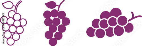 A set of ripe grape illustrations in both outline and solid silhouette styles with a purple hue.