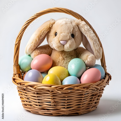 Easter Bunny with Colorful Eggs/A cute Easter bunny sitting beside a basket filled with colorful painted eggs, isolated on white background. Perfect for festive designs and holiday promotions.