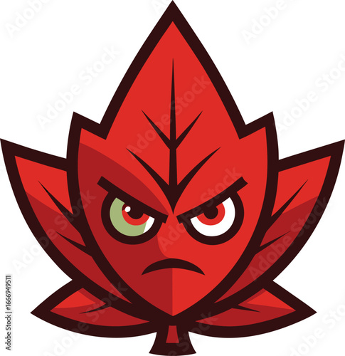 Angry red maple leaf character with fierce eyes