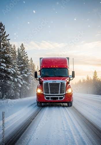 Red truck on snowy road at sunrise