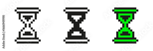 Pixel Art Hourglass Icon Set. Time Management And Countdown Symbol Collection. Retro Digital Style With Green And Black Variations. Isolated Vector Illustration