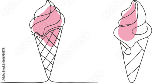 Two soft-serve ice cream cones with pink ice cream, drawn in a continuous line art style, on a white background.