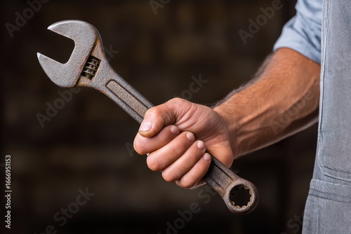 Wallpaper Mural Hand Holding a Rusty Adjustable Wrench in a Workshop Environment Torontodigital.ca