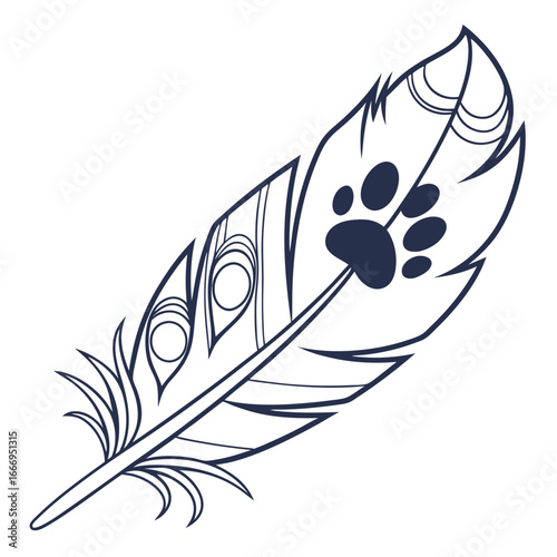 Elegant feather with dog paw print line art design for pet lovers