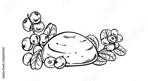 Whole mochi and cowberry branch black and white vector isolated illustration. Berry daifuku or wagashi candy etching drawing. Traditional Asian dessert sketch for packaging, culinary illustration