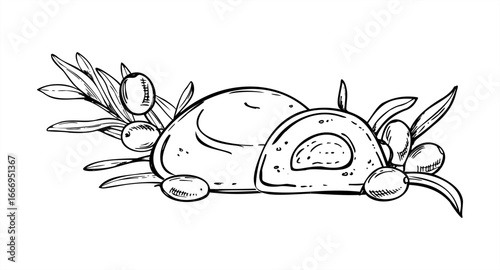 Hand drawn monochrome Japanese mochi filling sea buckthorn berries vector illustration. Baltic sallow thorn berry branch and candy line art for package design, poster, labels, coloring book