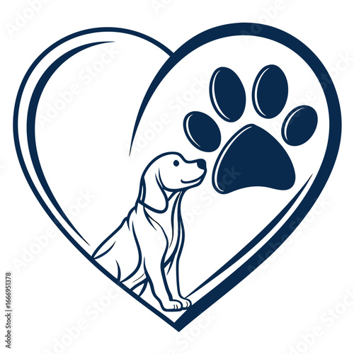 Dog and Paw Print Inside Heart Shape Pet Care Logo Design