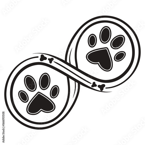 Abstract infinity symbol with paw prints bones pet shop logo black and white