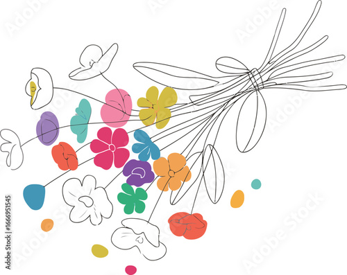 A minimalistic continuous line drawing of a bouquet of flowers with a ribbon, featuring multi-colored blooms, on a white background.
