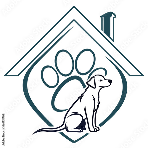 Dog home logo with paw print house and dog silhouette design