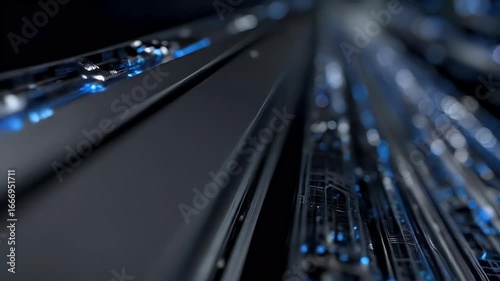 Abstract close-up view of a complex, dark, technological structure with intricate details and glowing blue lights