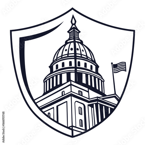 United States Capitol Building in Shield Shape with American Flag Illustration