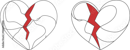 A continuous line drawing of two broken hearts, representing heartbreak, loneliness and sadness, on a white background.