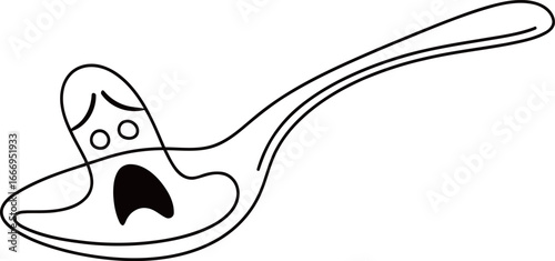 A simple, continuous line drawing of a ghost in a spoonful of liquid, on a white background.