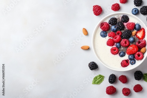 Wallpaper Mural White bowl with yogurt, chia seeds, raspberries, blueberries, blackberries, strawberries and almonds on light gray background creating healthy breakfast Torontodigital.ca