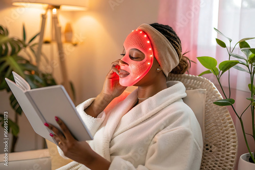 Photo of woman using a red led light therapy mask for facial skincare at home