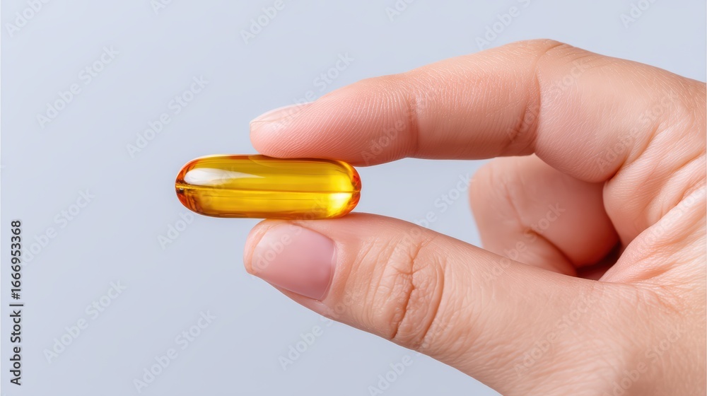 Hand Holding a Glowing Yellow Gelatin Capsule Supplement Close Up Hand Holding a Glowing Yellow Gelatin Capsule Supplement Close Up