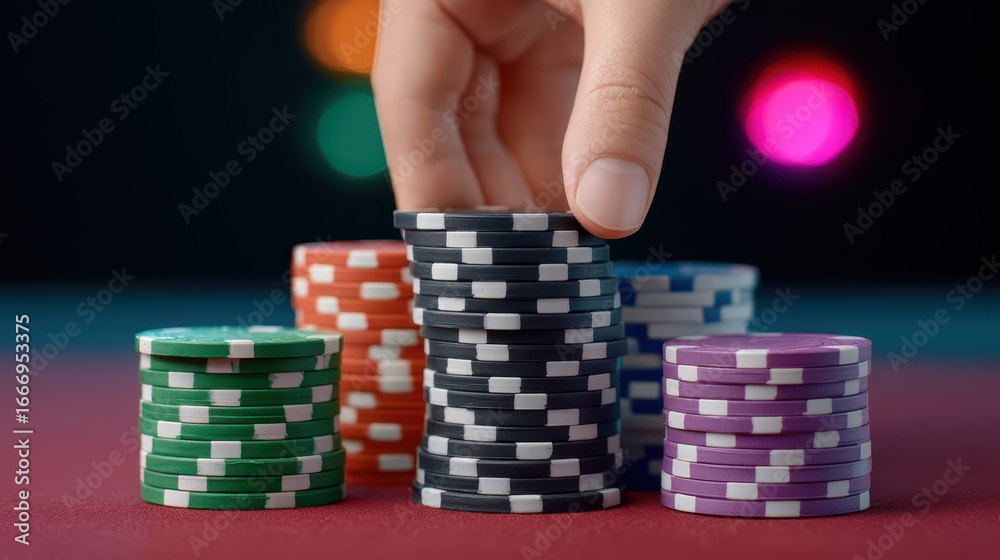 Naklejka premium Hand Holding Poker Chips with Colorful Stacks in Soft Focus Background