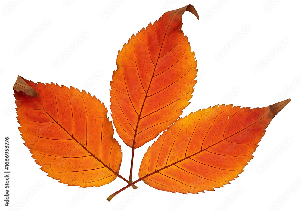 Fototapeta premium Three vibrant autumn leaves, a rich orange hue, are set against a stark black background, showcasing intricate leaf details.