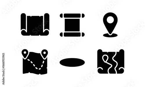 vector solid black filled icons Scavenger quest (map scroll): map outline scroll ends pin dots route line shadow smear highlight rim.