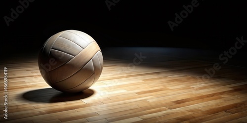 A lone wooden volleyball rests on a polished hardwood floor, illuminated by a single spotlight