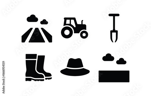 vector solid black filled icons soil scientist (farm visit): crop rows tractor soil probe boots hat open sky.