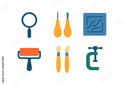 vector colorful flat filled icons stamp engraver (tools): magnifying glass fine chisels metal plate ink roller brushes clamps.