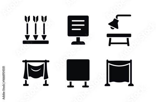 vector solid black filled icons fletcher (display): mounted arrows description cards wooden stand lighting velvet cloth backdrop.