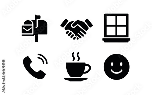 vector solid black filled icons faint hope (daily life): letter in mailbox handshake window view phone ring cup of tea smiling glance.
