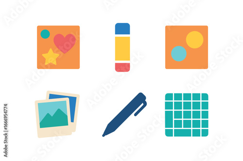 vector colorful flat filled icons craft mat (scrapbooking): paper shapes glue stick stickers photos pen cutting mat.