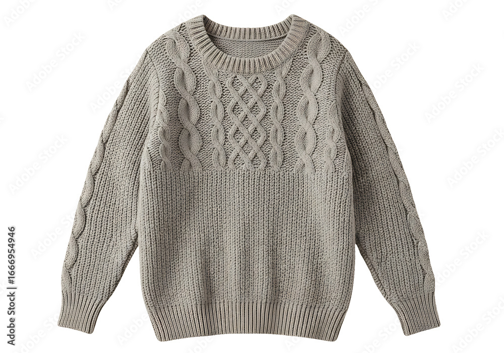 Obraz premium A soft, light gray cable-knit sweater displays a classic design.