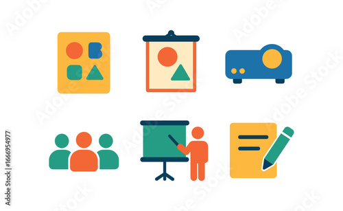 vector colorful flat filled icons typeface designer (presentation): printed alphabet poster projector audience pointer notes.