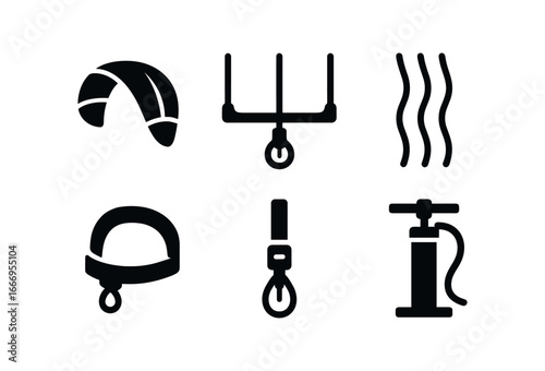 vector solid black filled icons kite surfing (kite gear): inflatable kite control bar kite lines harness loop depower strap pump.