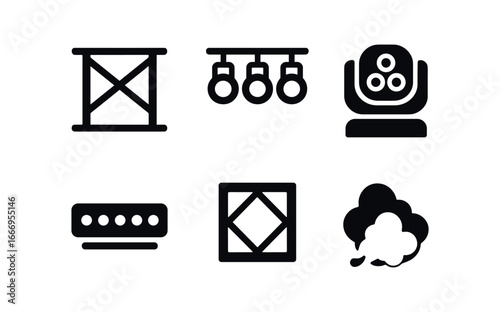 vector solid black filled icons rock concert stage (lighting rig): truss frame PAR cans moving head strobe bar color gel haze effect.