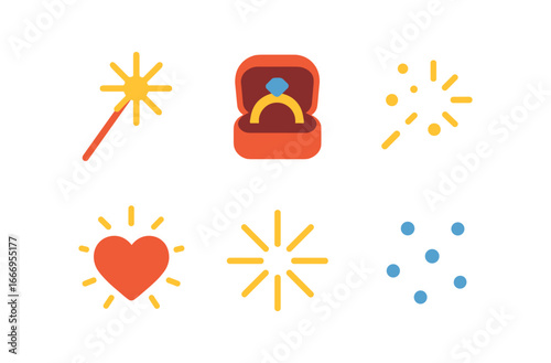 vector colorful filled icons wedding proposal (sparkler moment): sparkler stick ring box spark dots heart burst glow lines night dots.