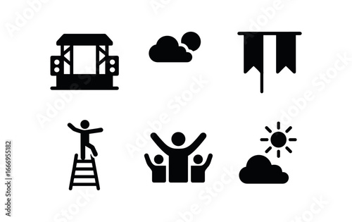 vector solid black filled icons ladder acrobatics (outdoor): festival stage open sky banners ladder stunt cheering crowd sunny day.