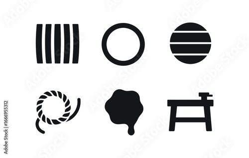 vector solid black filled icons barrel cooper (materials): oak staves iron hoops wooden lids sealing wax rope workbench.