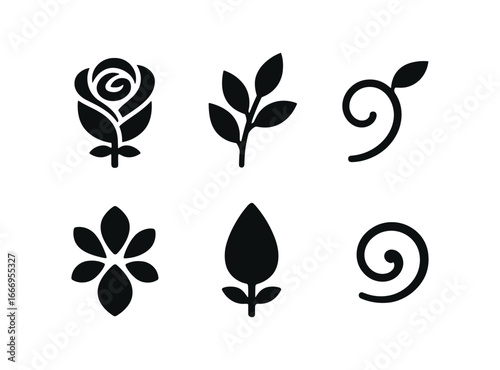 vector solid black filled icons stencil (floral motif): rose outline leaf sprig vine loop petal cluster bud shape swirl accent.