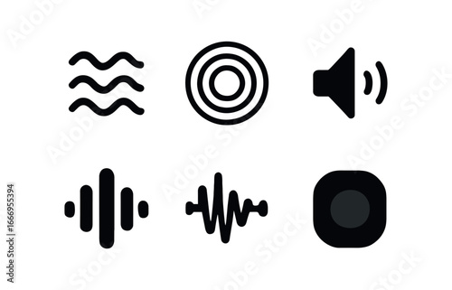 vector solid black filled icons sound (abstract): wavy lines radiating circles bright tones vibration patterns sound waves soft gradients.