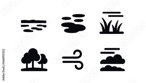 vector solid black filled icons peat bog (open view): wide expanse scattered pools grassy patches distant trees cool breeze layered sky.