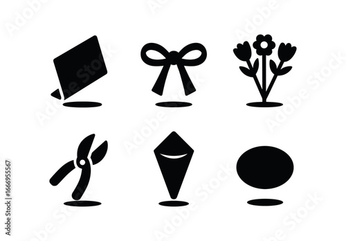 vector solid black filled icons florist at work (bouquet wrap): wrapping paper ribbon tie flower stems shears tip shadow smear light rim.