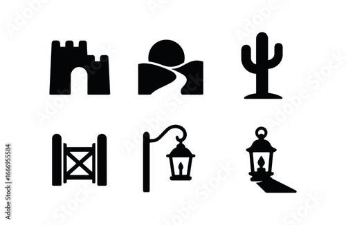 vector solid black filled icons evening stroll (desert town): adobe walls clay road cactus plants orange twilight wooden gate lantern shadows.