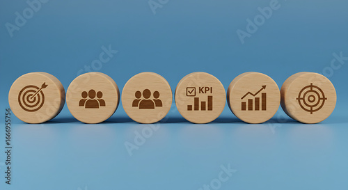 Data management system icon on wooden block to make report operations, sales, marketing, KPI, business performance indicators with KPI, metrics connected to database. finance, 