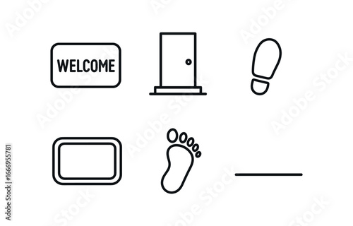vector outline icons Acceptance (welcome mat): mat outline door silhouette shadow smear highlight rim foot print threshold line.