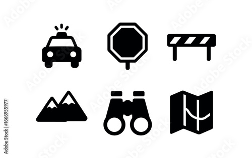 vector solid black filled icons immigration officer (border road): patrol car sign barrier mountains binoculars map.