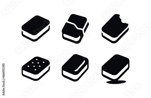 vector solid black filled icons ice cream delivery (ice cream sandwich): sandwich shape wrapper fold ice layer bite mark highlight rim shadow smear.